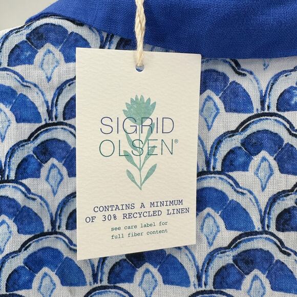 Sigrid Olsen Popover Linen Shirt Womens M Royal Blue Floral Collared 3/4 Sleeve - Picture 9 of 11